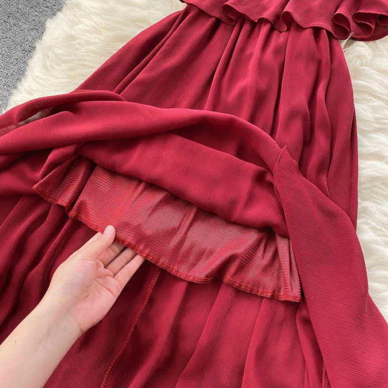 Blå / röd / khaki chiffong klänning kvinnor vintage rund hals ihålig ut ruffle slim a-line casual vestidos kvinnlig fest mantel sommar ny y0603