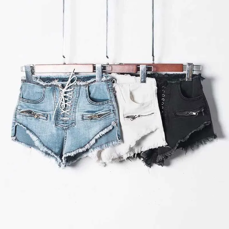 Europäische Denim-Shorts weiblich eng sexy hohe Taille Frauen schnüren sich kurz mit doppeltem Reißverschluss Details FYO0 210603