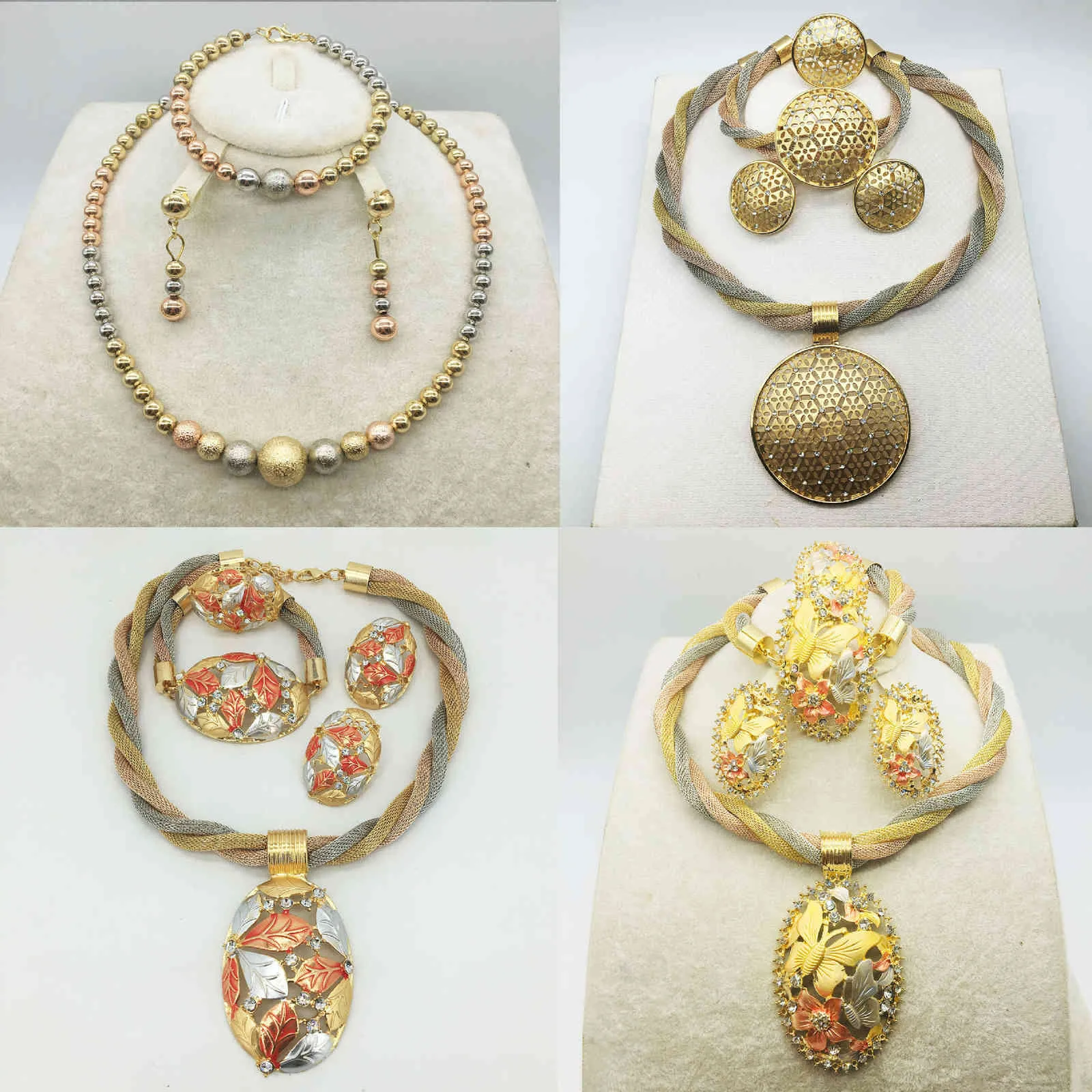 African Charm Necklace Earrings Dubai Gold Sets for Women Wedding Bridal Bracelet Ring Pendant Jewelry Set2479707