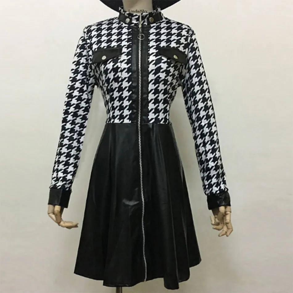 Free Faux Leather Stitching Dress Stand Collar Long Sleeve Front Zip A-line Mini Club Wearing Sexy 210524