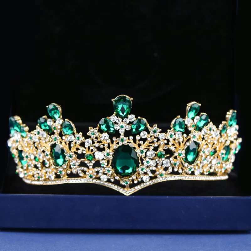 Braut Tiara Kopfschmuck 2022 Vintage Barock Pageant Krone Neue Legierung Grüner Diamant Smaragd Edle Kronen Elegante Kopfbedeckung Quinceaner243R