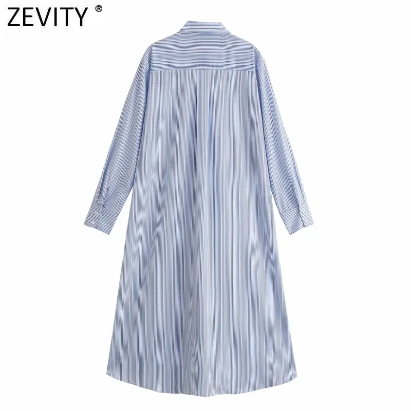 Las mujeres de moda de manga larga de rayas de impresión lateral Split camisa Casual Vestido de oficina señoras elegante pecho vestido de negocios DS8228 210420