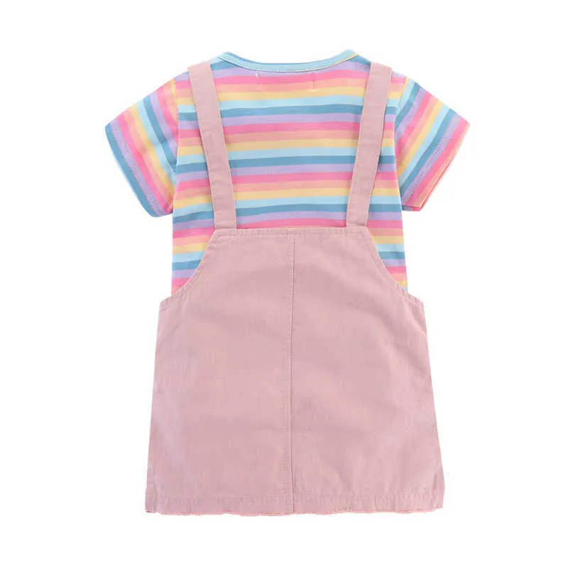 Mudkingdom Yaz Toddler Kız Kıyafetler Gökkuşağı Şerit Tee Ve Chino Jumper Etek Bebek Kız için Set Sevimli Giysi Takım Elbise Pembe 210615