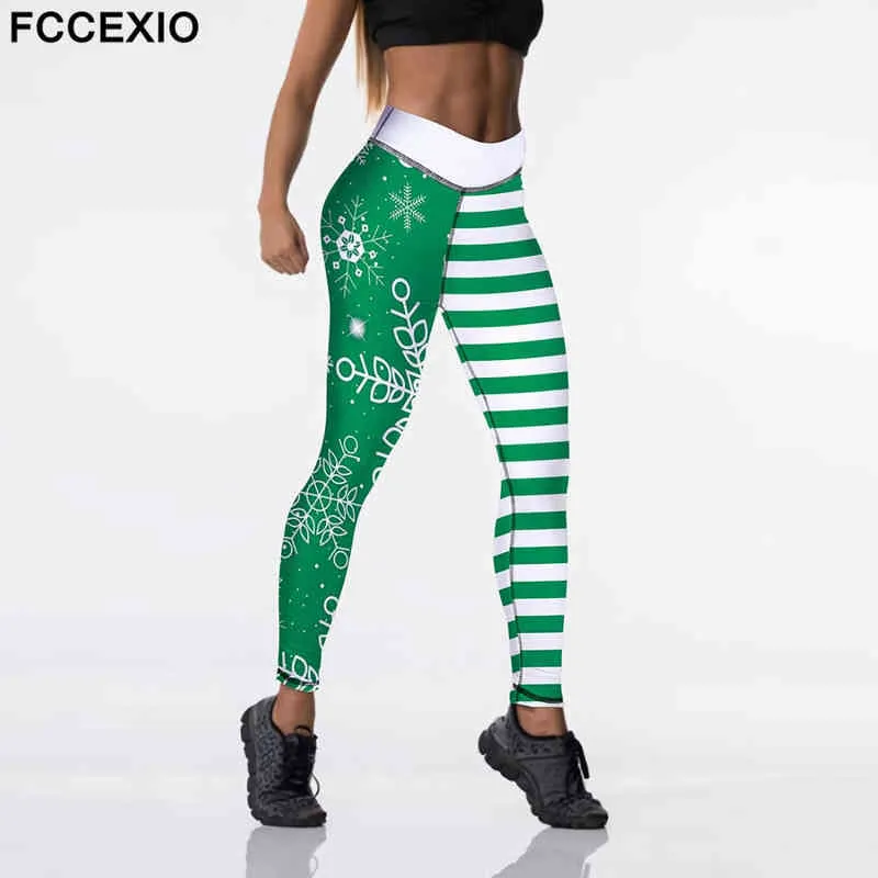 FCCEXIO Noël taille haute élasticité femmes imprimé flocons de neige mignon joli legging 4 couleurs pantalon d'entraînement 211204