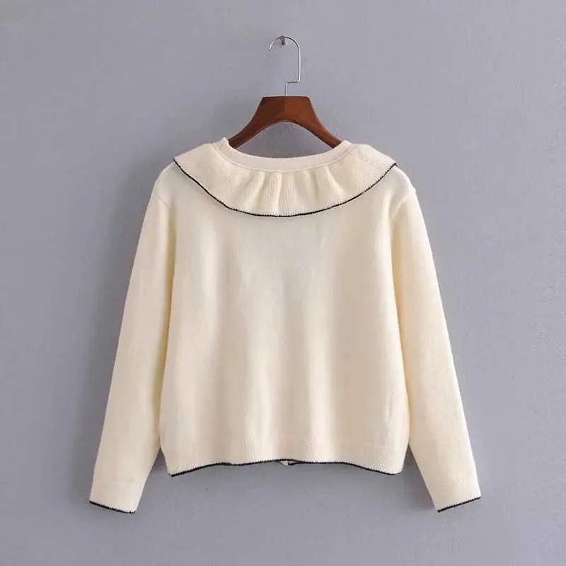 Women Simplicity Knitting Cardigans V Neck Collar Long Sleeve Big Pocket Ruffle Sweater Autumn Fashion Coats 210602