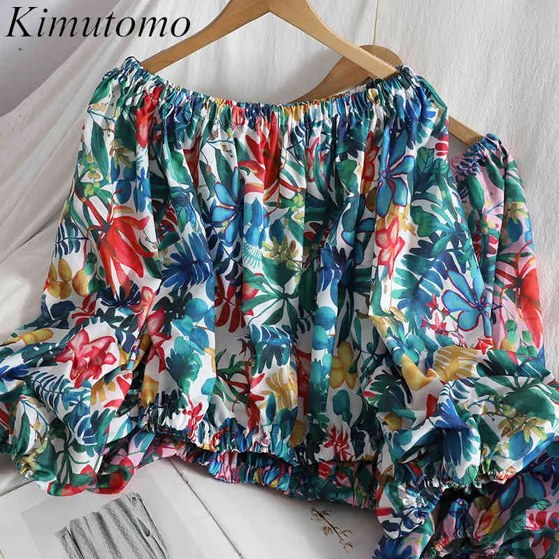 Kimutomo mode retro skjorta koreanska av axel slash neck lyktor ärm blommig tryck kort blus kvinnor sommar chic topp 210521