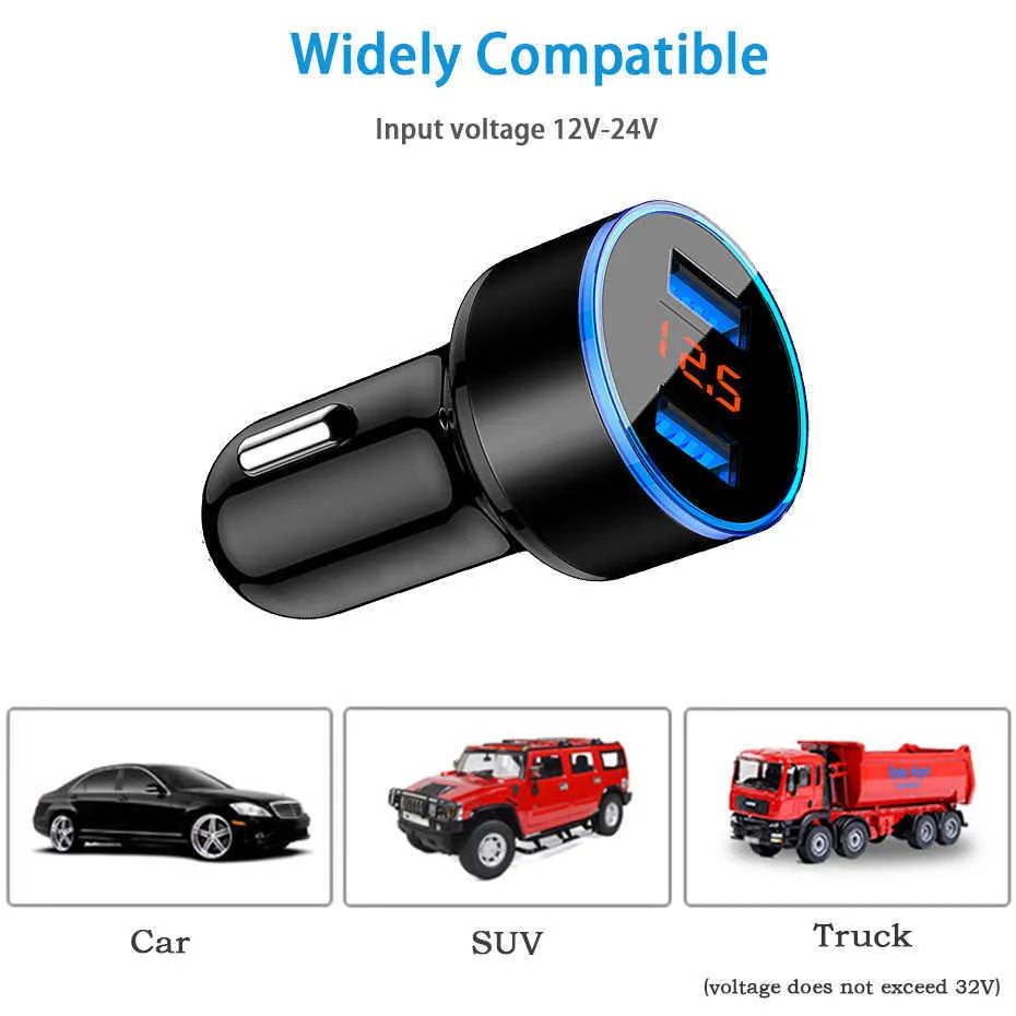 Chargeur de voiture double USB 5V 3.1A chargeur automatique navigateur GPS voiture Charge rapide universelle pour Smart Iphone Xiaomi avec affichage de la tension