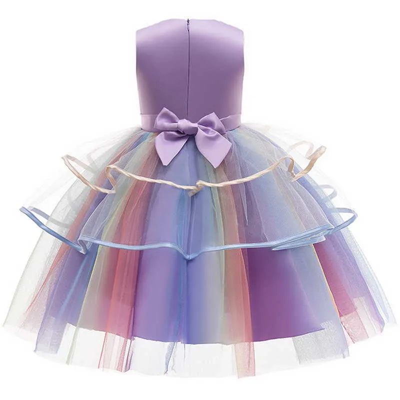 Summer Teenager Girls Dresses Cartoon Unicorn Appliques Knee-length for Party Wedding Piano Perform Kids Clothes E0698 210610