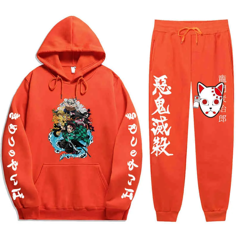 Anime Demon Slayer Winter Träningsoverall 2-delad Set Tanjiro Kamado Tryck Luvtröjor byxor Sportkläder herr Kostym Huvtröja Harajuku G1222