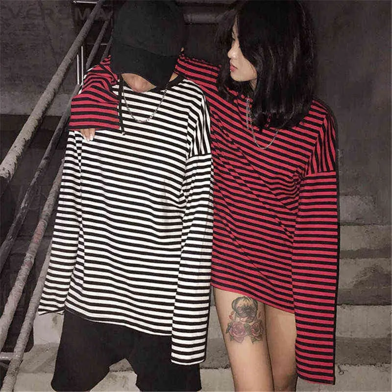 VERSMA Korean Ulzzang Harajuku GD Black White Striped T-shirt Men Women Unisex Loose Oversized Extra Long Sleeve Couple T Shirt H1223