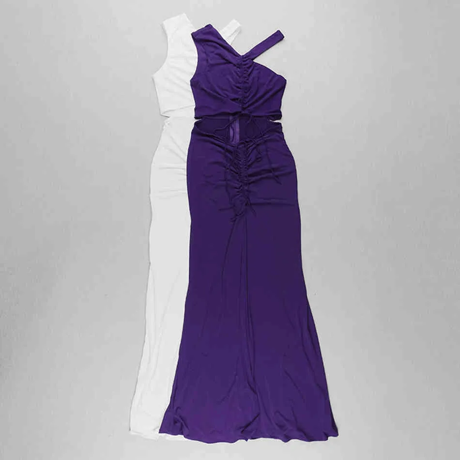 Style d'été violet blanc col en v cordon long femmes décontracté robe serrée élégant creux Sexy fête 210525