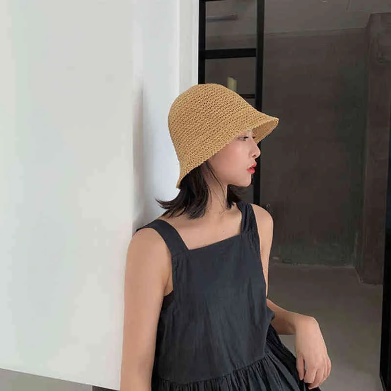 Women Summer Fisherman Hat Straw Beach Hat Hand-woven Bucket Cap Casual Holiday Sunscreen Hats for Vacation Sun Protection G220311