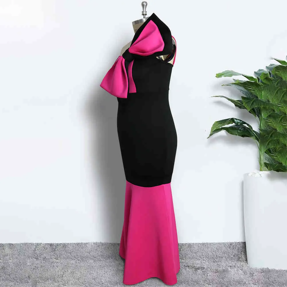 Plus Storlek Kvinnor Party Dress Maxi Black Rose Red Color Block Tube Topps Sexig Big Bowtie Event Occasce Fira Evening Long Robe 210416