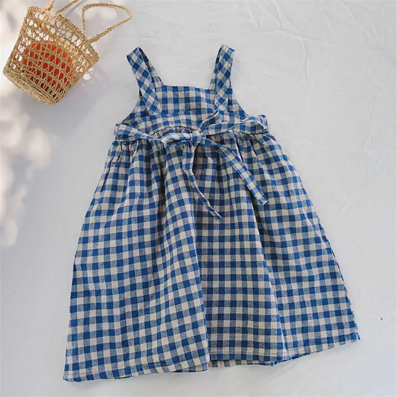 korean style Cotton Linen Baby Girls Princess Dress Summer Plaid Sleeveless Clothes Kids Casual Dresses 210615