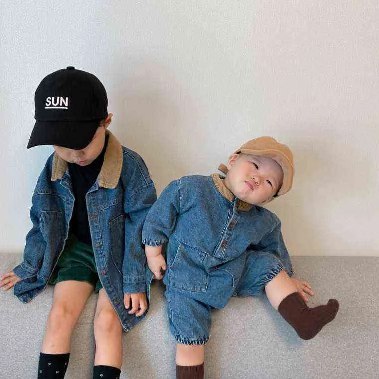 Autumn Winter Toddler Boy Clothes Kids Baby Girl Denim Romper Long Sleeve Jumpsuit Playsuit Outfit Set 211101