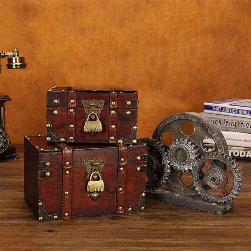 Retro Skrzynia skarbów z zamkiem Vintage drewniane przechowywanie pudełko antyczne styl biżuteria 211102