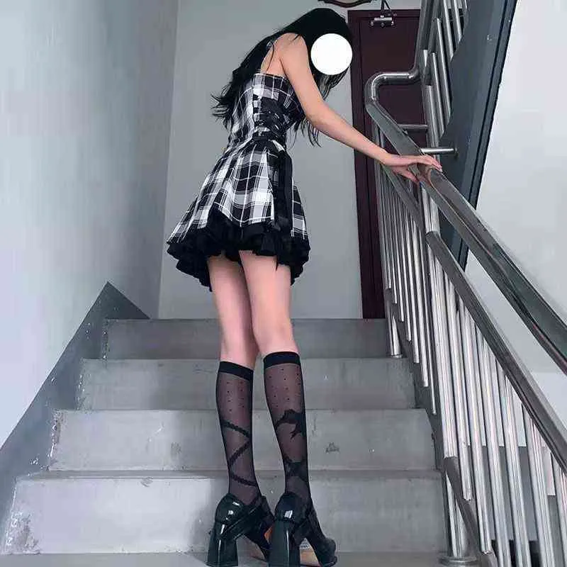 Kawaii Plaid Pleated Lolita Mini Dress Women Punk Emo Harajuku Y2k Aesthetic Dresses Sets Goth Fairy Grunge Alt Kpop Clothes Y1204