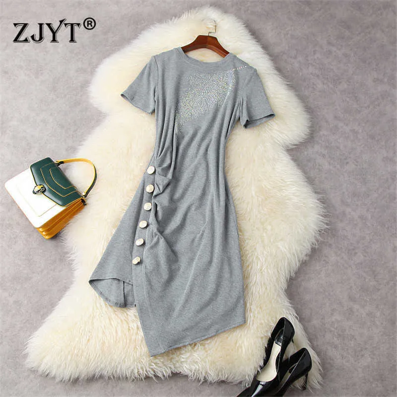 High Street Fashion Summer Short Sleeve Women Diamonds Buttons Solid Grey Asymmetrical T Shirt Dress Casual Robe Femme 210601