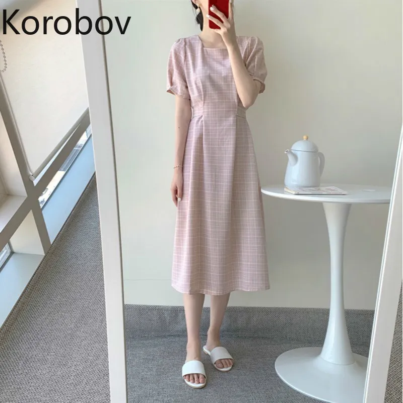 Korobov Korean Fashion Elegant O Neck Women Dress Vintage Plaid High Waist Female Dresses Summer New Vestidos Mujer 210430