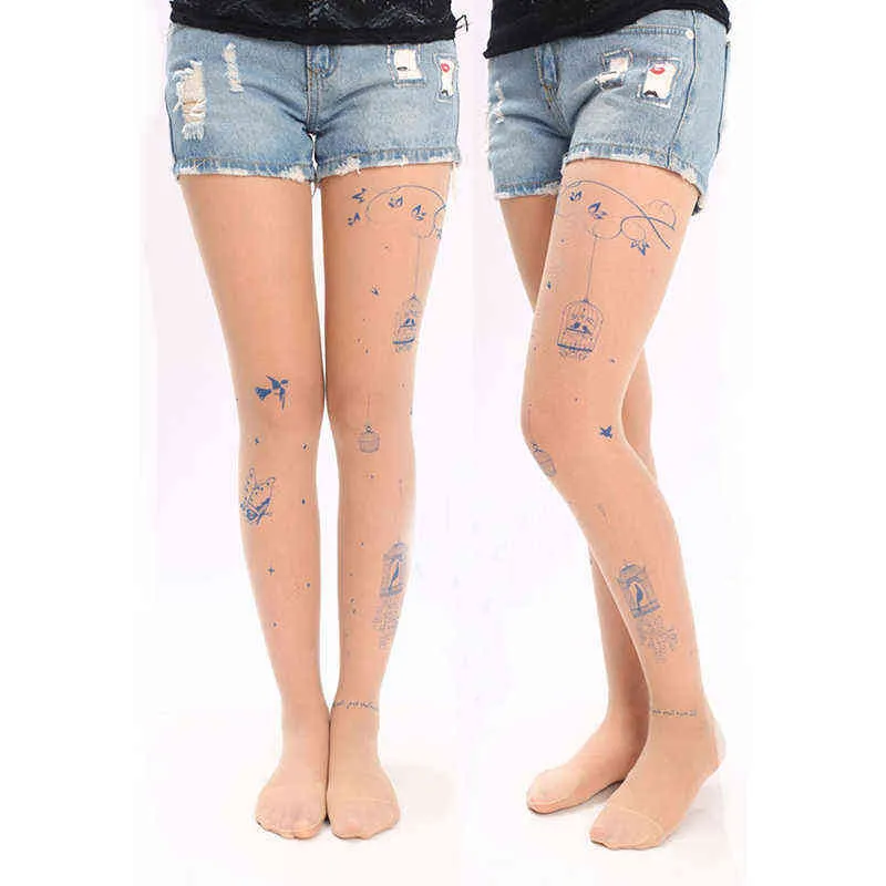 Vrouwen tattoo panty lolita fancy panty transparant lange vrouwelijke tattoo hosiery schattige patronen afgedrukt panty dames geschenken y1130
