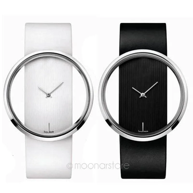 Zegarek Unikalny prosty styl Transparent Dial Quartz zegarek skórzany zespół Kobiety Czarny biały zegarek Relogio Feminino216k