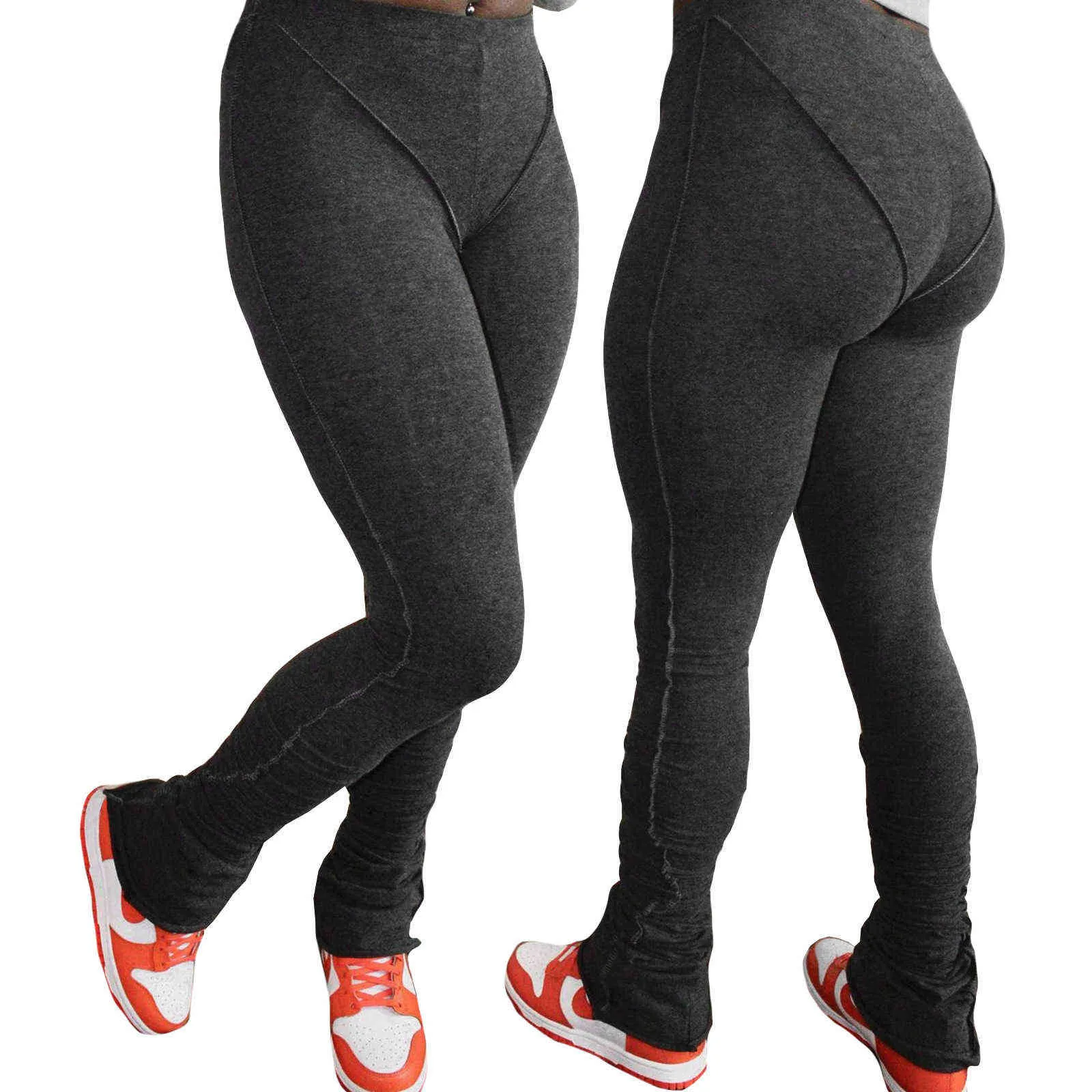 Pantalon empilé femmes solide coton taille haute cloche bas pantalon évasé décontracté push up sport leggings pantalons de survêtement pantalon plissé Y211115