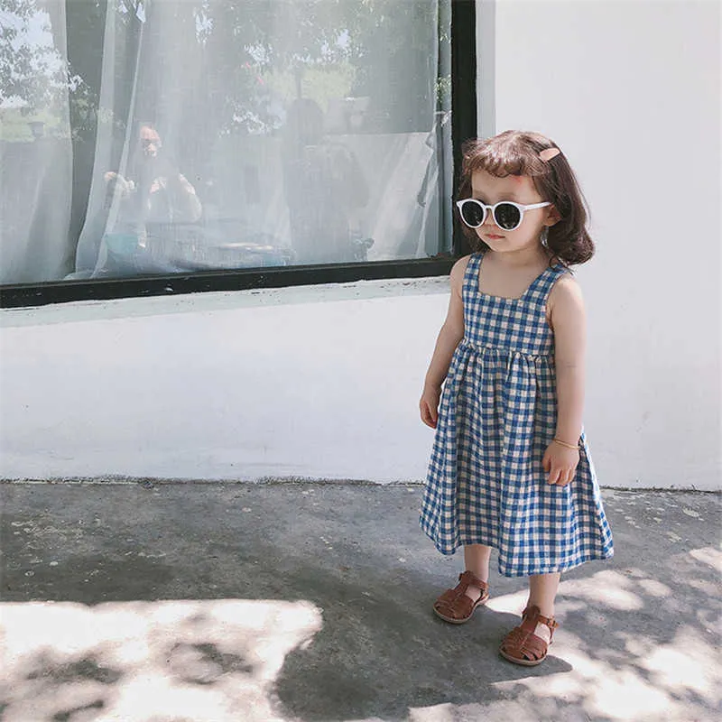 korean style Cotton Linen Baby Girls Princess Dress Summer Plaid Sleeveless Clothes Kids Casual Dresses 210615