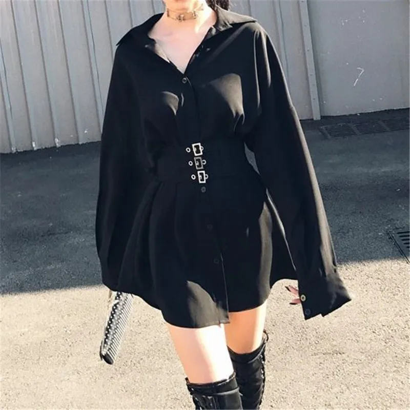 Automne Harajuku Boucle Corset Taille Coton Robes Femmes Noir Gothique Simple Boutonnage Robe Courte Femme Hip Hop Streetwear 210421
