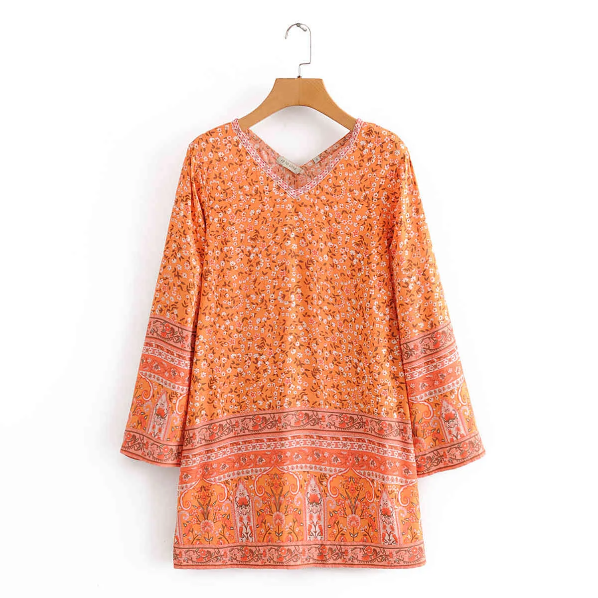 Foridol bohème Orange robe de plage femmes nouveau col en V été Boho imprimé robe florale décontracté coton à manches longues robe d'été 210415