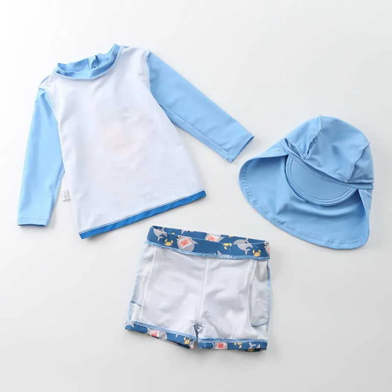 Verão Baby Bys Swimwear 3-PCS Conjuntos de Baleia dos Desenhos animados + Troncos de Natação + Banheira Cap Swimsuit Crianças Roupas E1052 210610