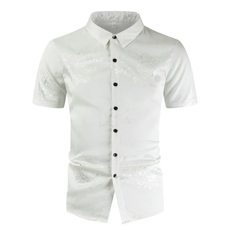 Beyaz İpek Erkek Gömlek Çiçek Baskı Erkekler Giyim Esneklik Erkekler Elbise Gömlek Kısa Kollu Casual Slim Erkekler için Fit Gömlekler Camisas 210524