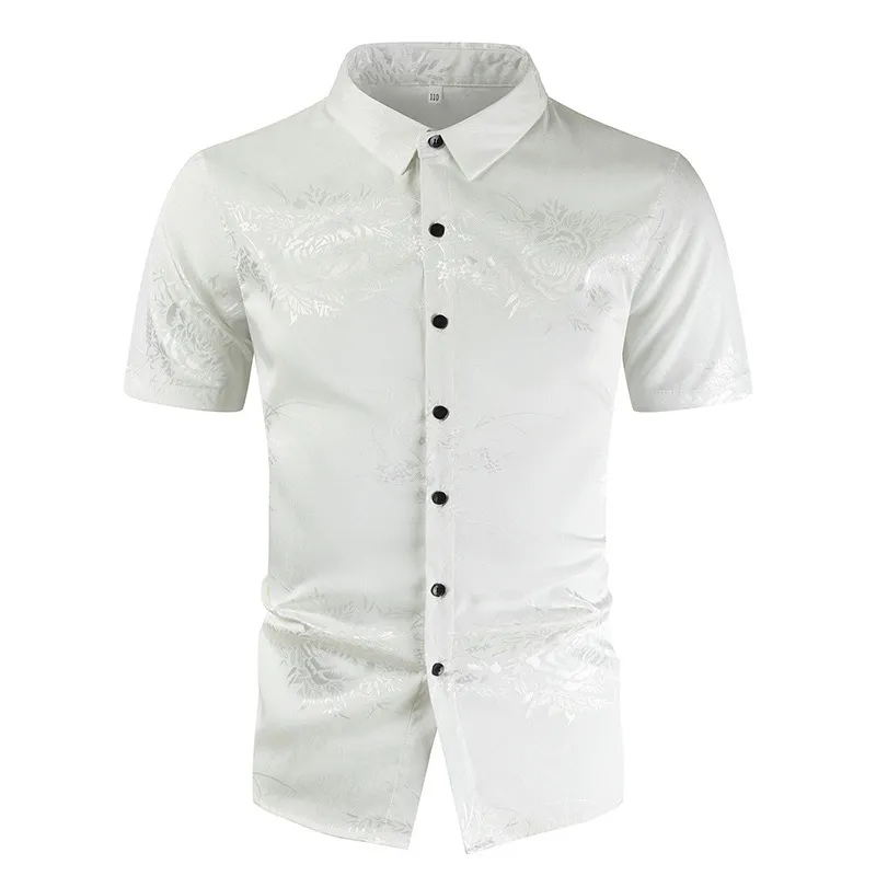 Vit Silk Mens skjorta Blommigryck Män Kläder Elasticitet Män Klänningskjorta Kortärmad Casual Slim Fit Shirts för Men Camisas 210524