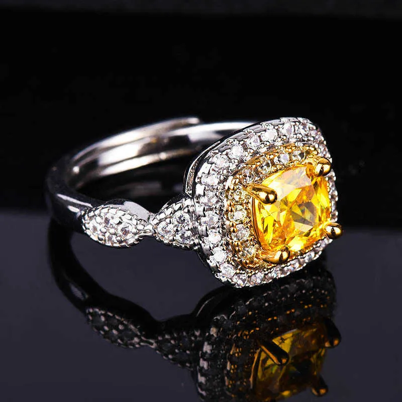 Bague de fiançailles en diamant jaune simulé en forme d'oreiller plaquée avec ouverture en diamant jaune carré en platine pt950 pour femmes039s R7247514