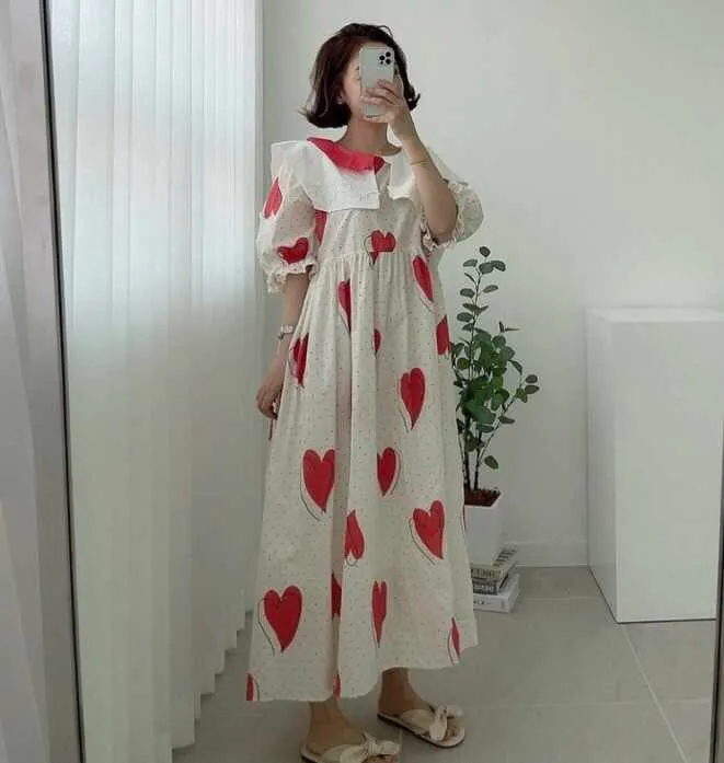 Korejpaa Abito da donna Estate Retro Pizzo all'uncinetto Grande risvolto Colore a contrasto Cuciture Allentato Amore Stampato Manica a sbuffo Abiti 210526