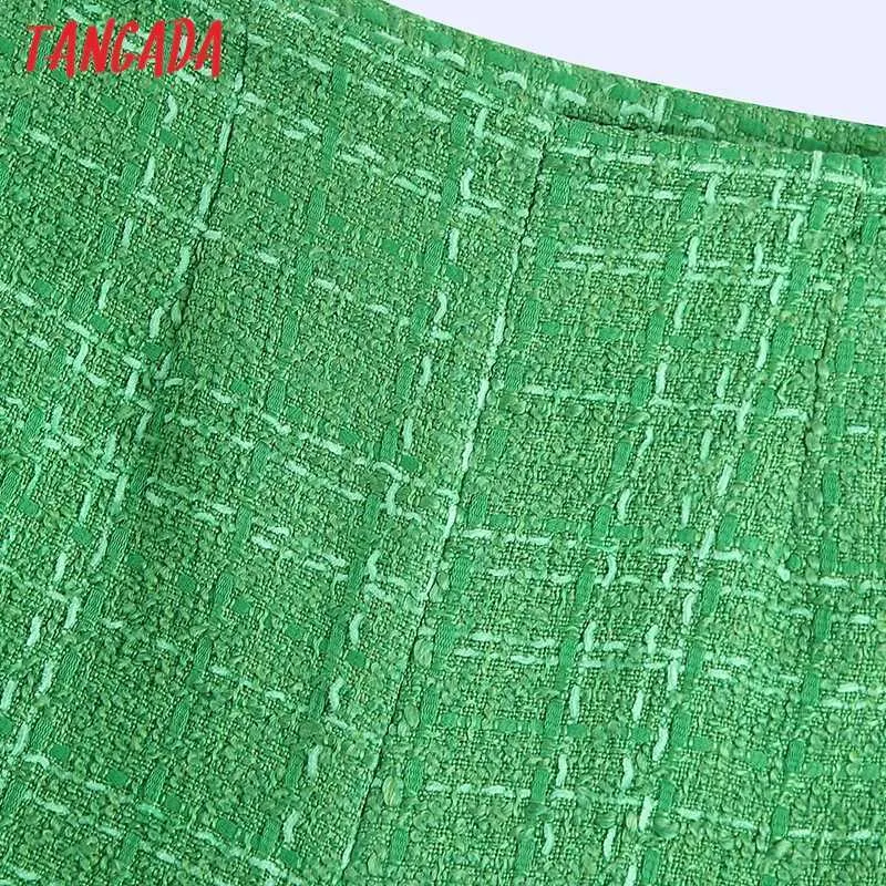 Tangada femmes vert Tweed Shorts Vintage taille haute fermeture éclair au dos avec doublure femme pantalon court Mujer BE612 210609
