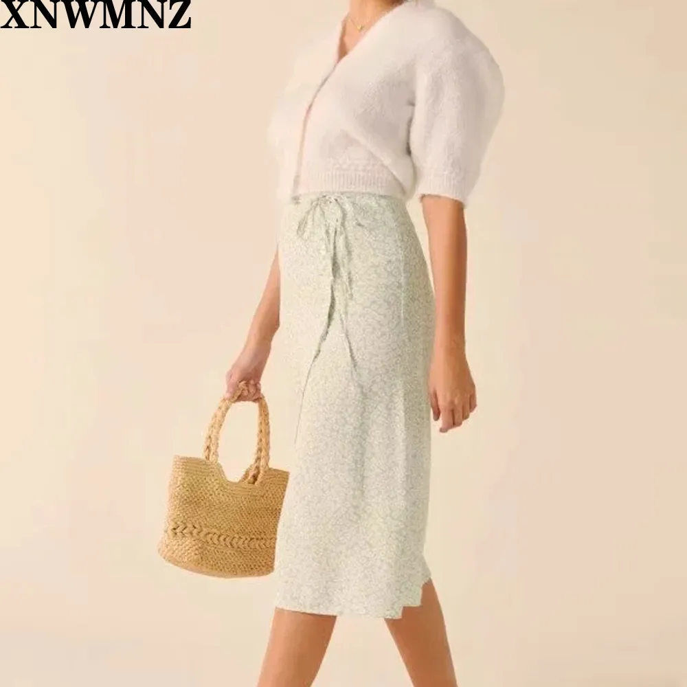 za Summer wrap long skirts womens vintage lolita green floral print split high waist skirt women korean fashion streetwear 210510
