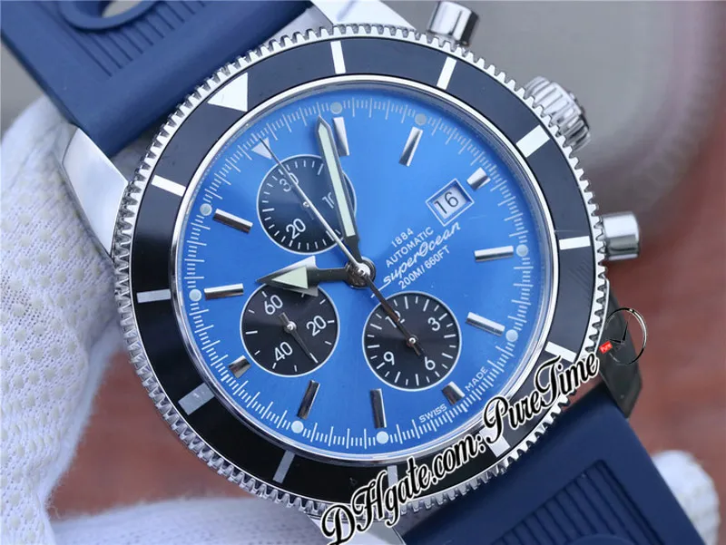 OMF SuperOcean Heritage II A7750 Montre chronographe automatique pour homme A1331216 46 mm Bleu Noir Cadran Marqueurs en caoutchouc avec trous Su210P