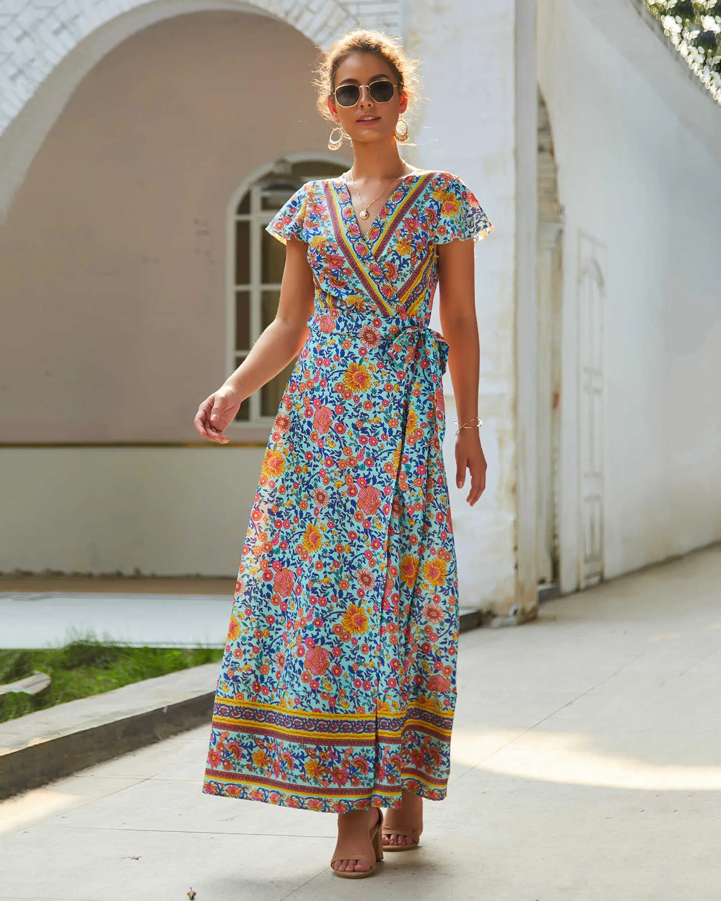 Damen-Sommer-Wickelkleid mit V-Ausschnitt, Vintage-Blumendruck, geteilter Gürtel, fließendes Boho-Strandkleid