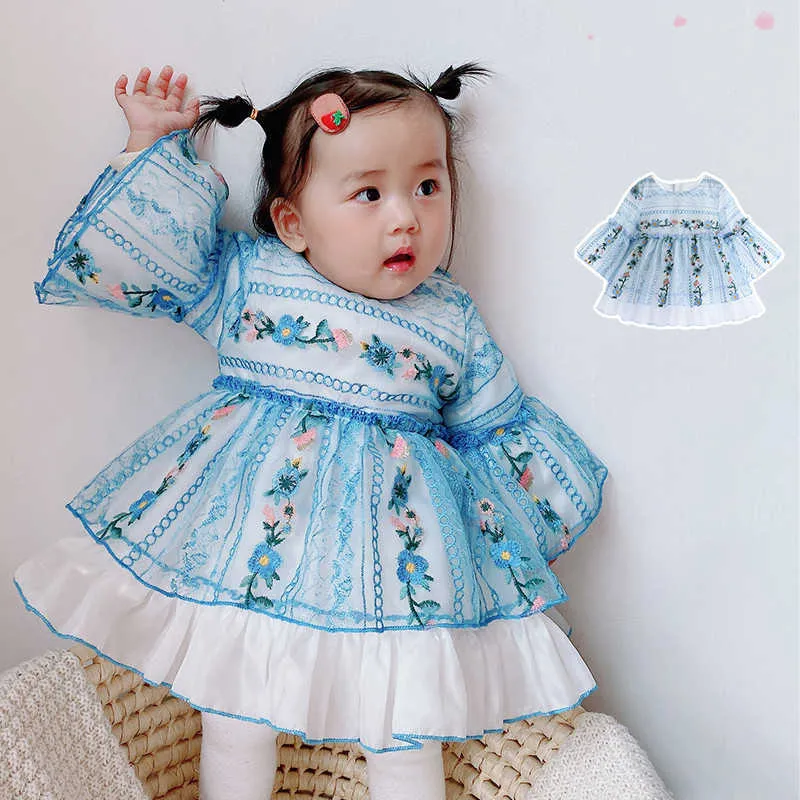 Broder Broderi Flower Dresses Toddler Girls Långärmad Princess Vestidos Spanien Spanien Lotia Ball Gown Ruffle 210615