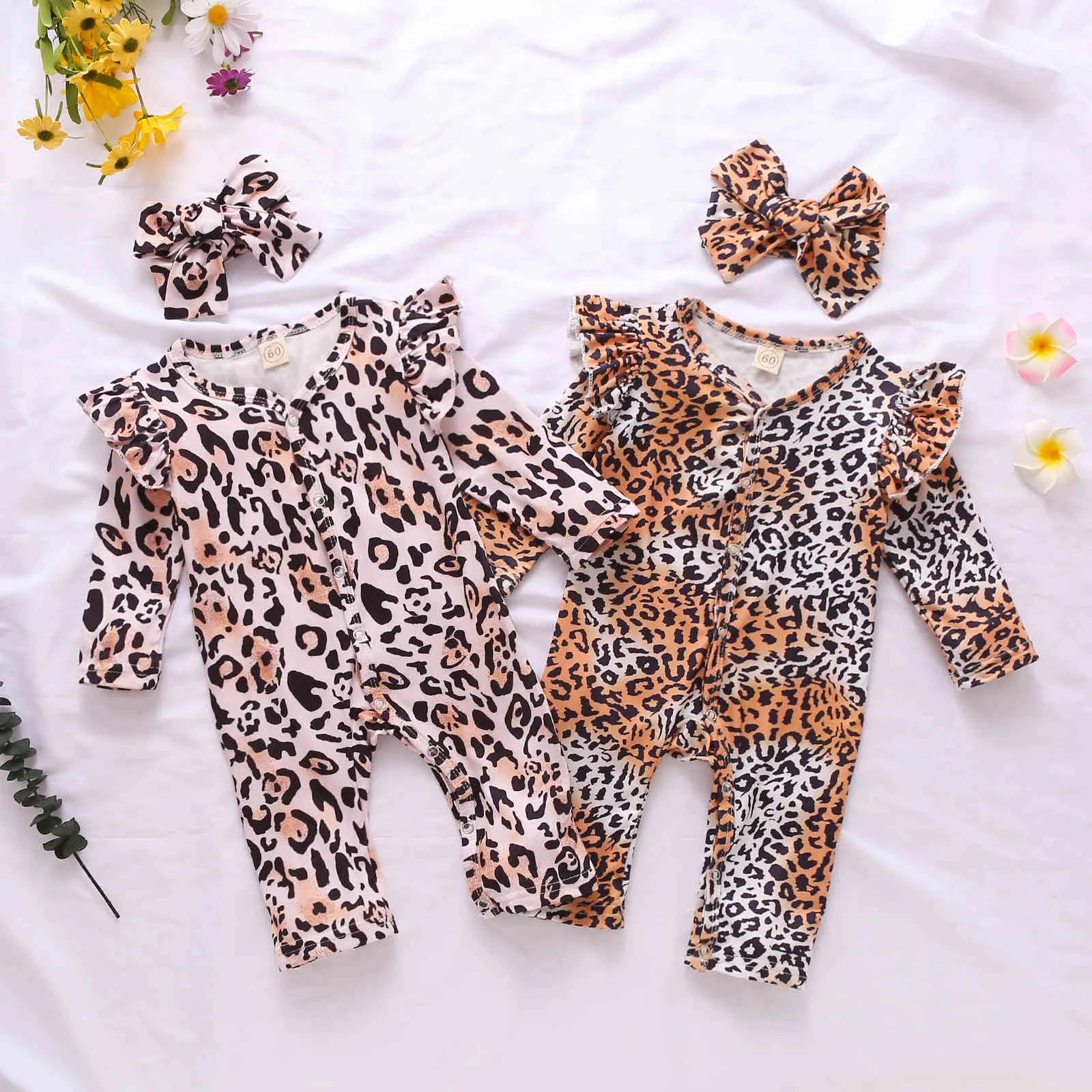 0-12M Frühling Herbst geboren Säugling Baby Mädchen Kleidung Leopard Strampler Langarm Overall + Stirnband 210515
