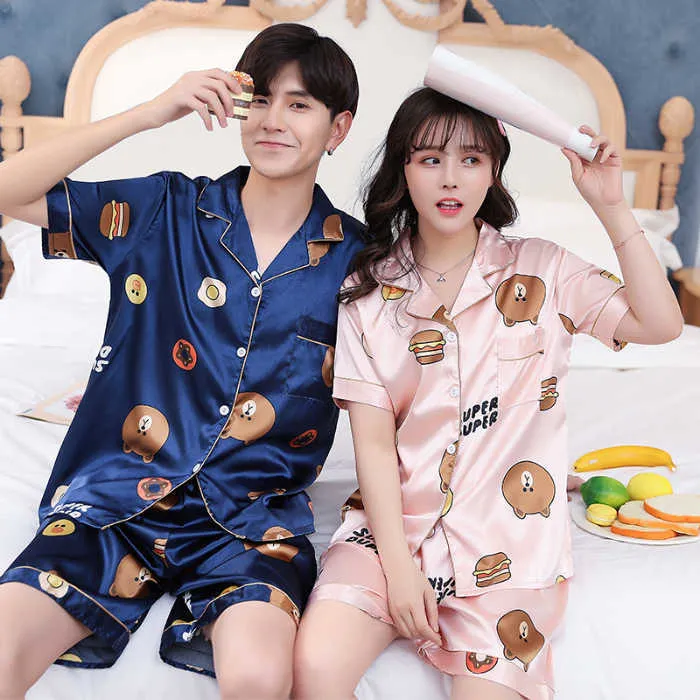 Couples Lovers Pajamas Set Short-sleeved Summer Pyjama Loose Men Faux Silk Style Couple Pijama Set Sleepwear Top+Pants 210809