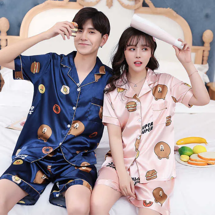 Couples Lovers Pyjamas Set à manches courtes Pyjama d'été Lâche Hommes Faux Soie Style Couple Pijama Set Vêtements de nuit Top + Pantalon 210809