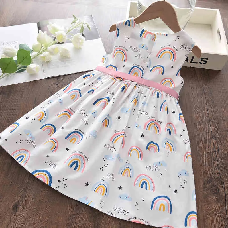 Flickor Cartoon Rainbow Pattern Dresses Sommar Kids Casual Princess Kostymer Barn Sashes Bowtie Vestidos 3-8Y 210429