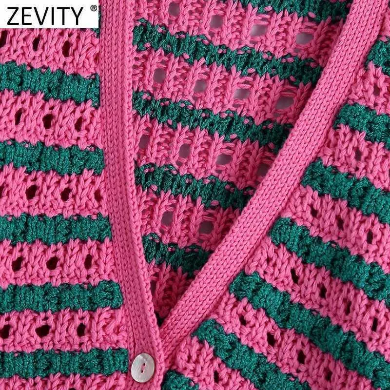 Zevity Women Fashion V Neck Color Matching Striped Print Hollow Out Crochet Stickad Sweater Kvinna Chic Cardigans Tops SW801 211007