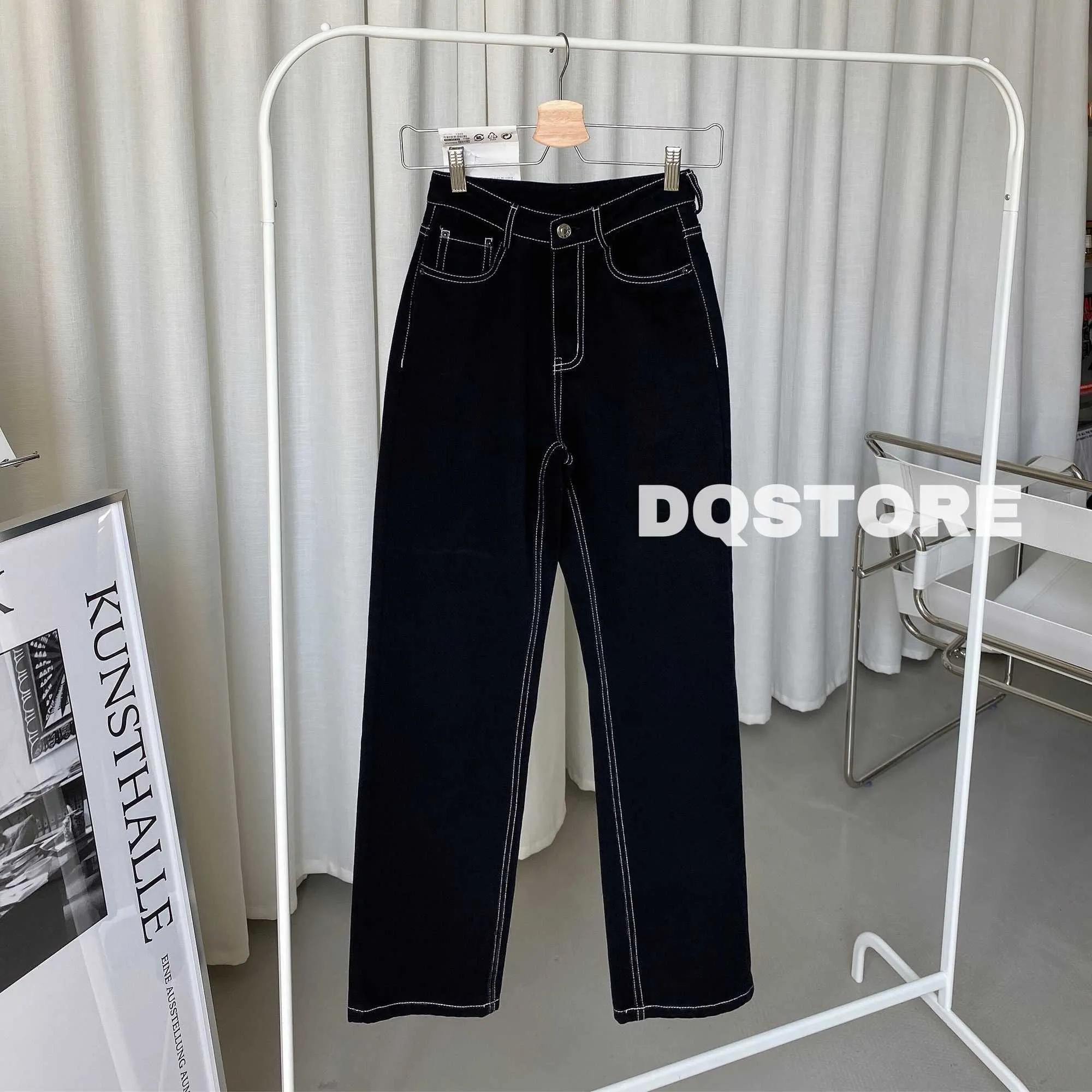 Koreanische Mode Weiße Jeans für Frauen Hohe Taille Lange Streetwear Hosen Gerade Bein Hosen Denim Damen Baggy Femme Schwarz 210708