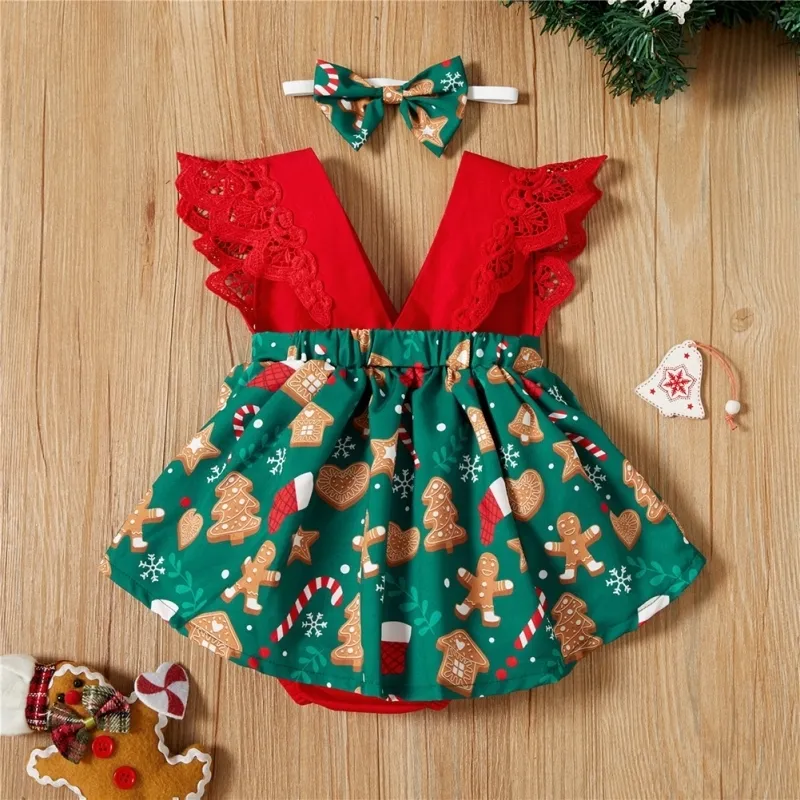 Baywell Xmas geboren baby meisje kleding kant ruche kerstboom print jumpsuit hoofdband 2 stks mouwloze outfits voor 0-18months 220211