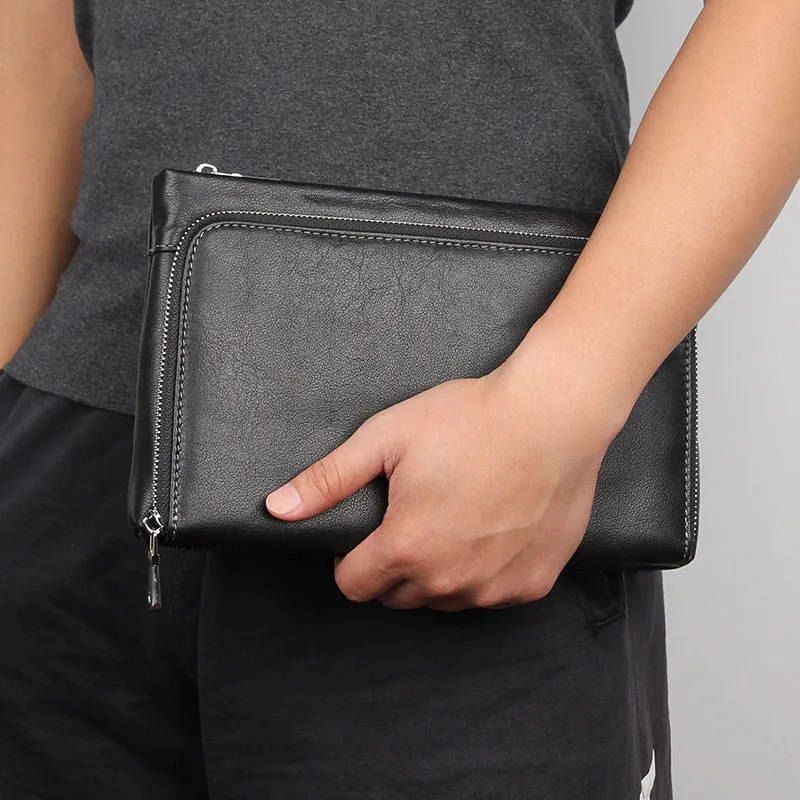 Práctico bolso de mano de cuero genuino para hombre, cartera para teléfono de negocios, tarjetero, dinero