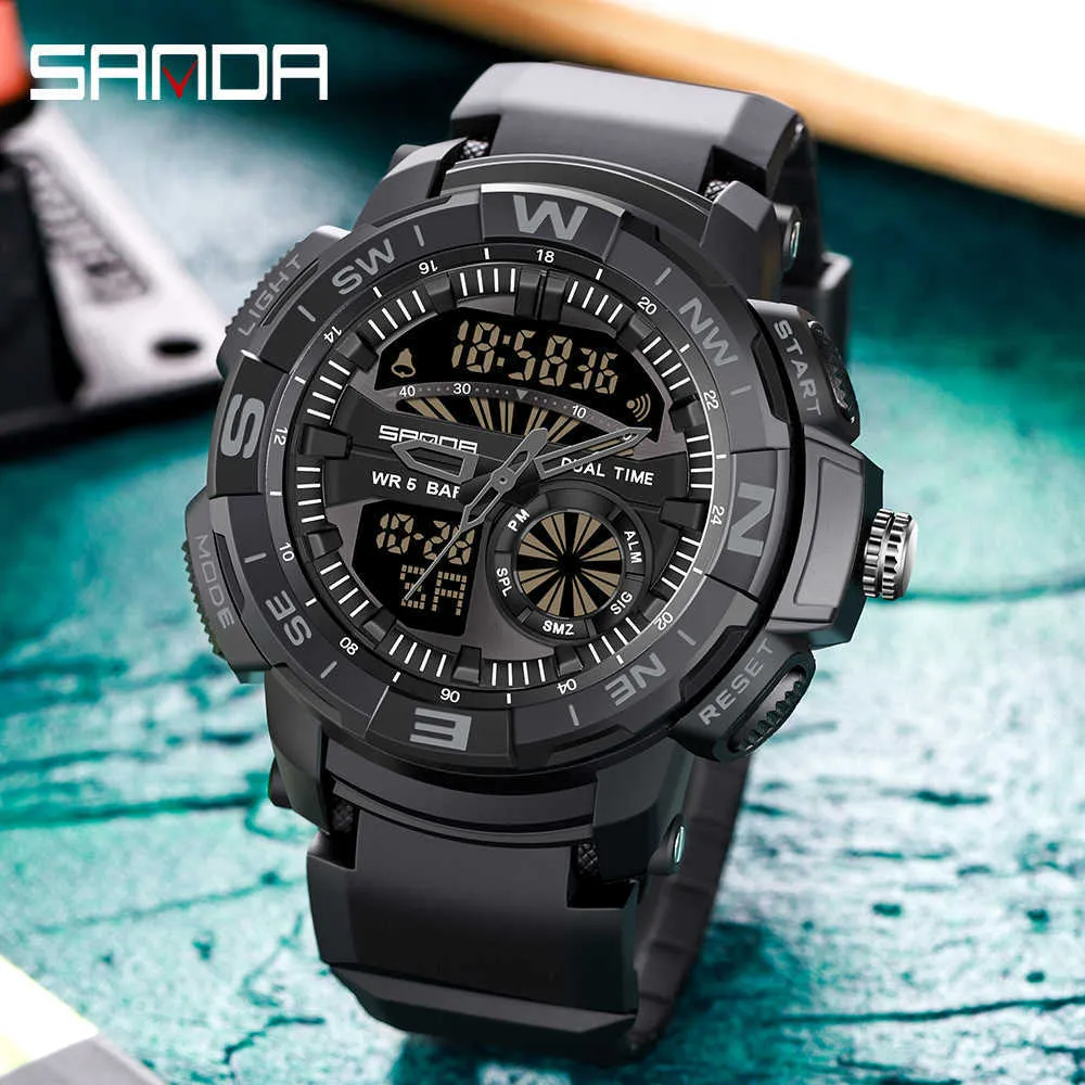 Fashion Sanda Top Brand Dual Display Wrist Watch Men Watches Military Wristwatch Sports For Clock Outdoor Waterproof Hour 6037 G1022