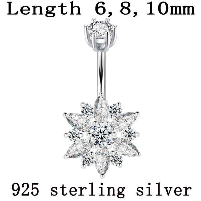 Кольцо для пупка, настоящее серебро 925 пробы, женское цветочное цирконие, прозрачные камни, ювелирные изделия, пирсинг тела из чистого серебра3262