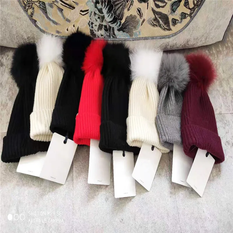 Marca feminina inverno malha chapéu pura lã virgem pele de raposa moda menina macio quente chapéu hap01a2725